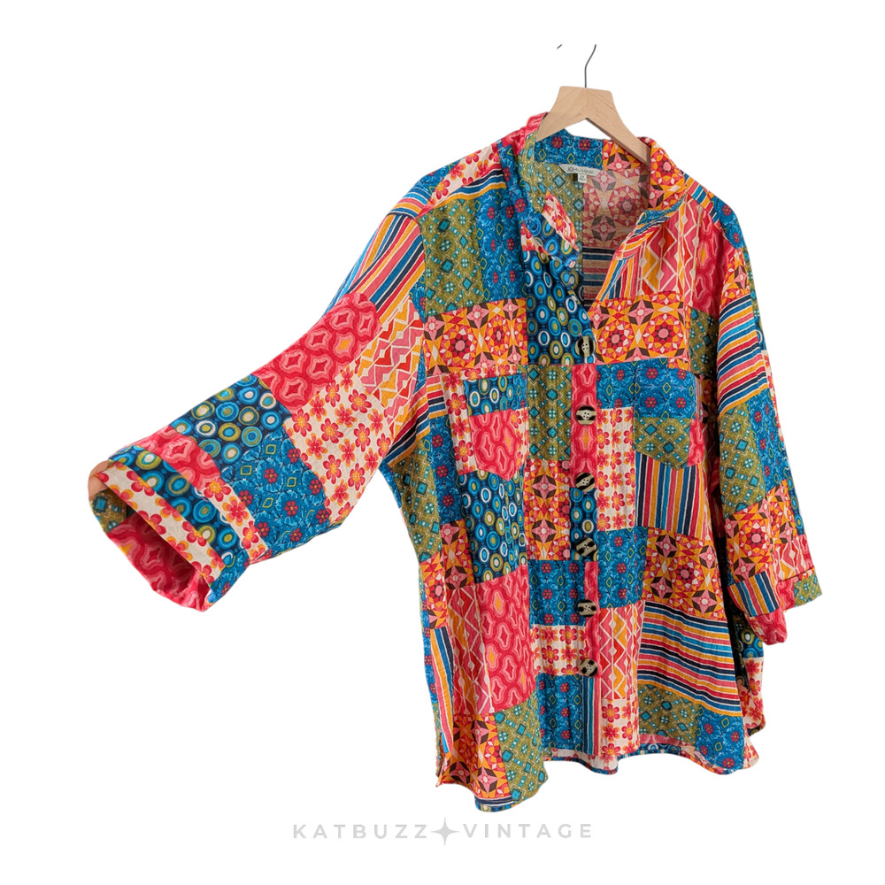John Mark Button Top 2x 2xl Multicolor Patchwork … - image 4